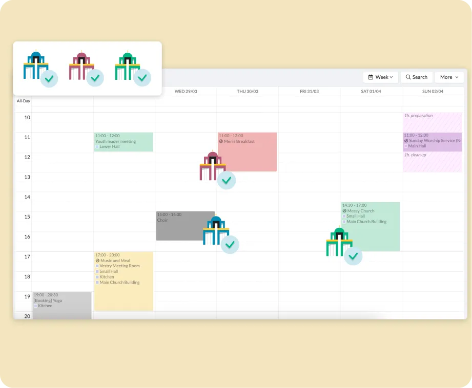 ChurchDesk Calendar showing several parishes in one view