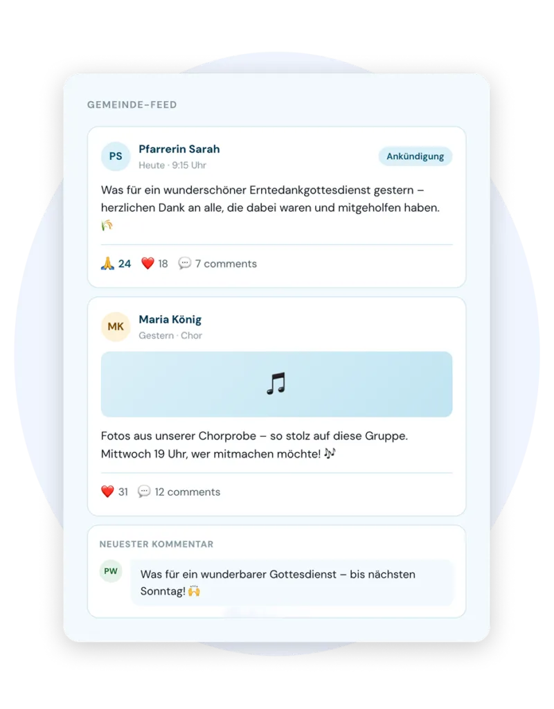 Smartphone with the interactive news feed in ChurchDesk Circles