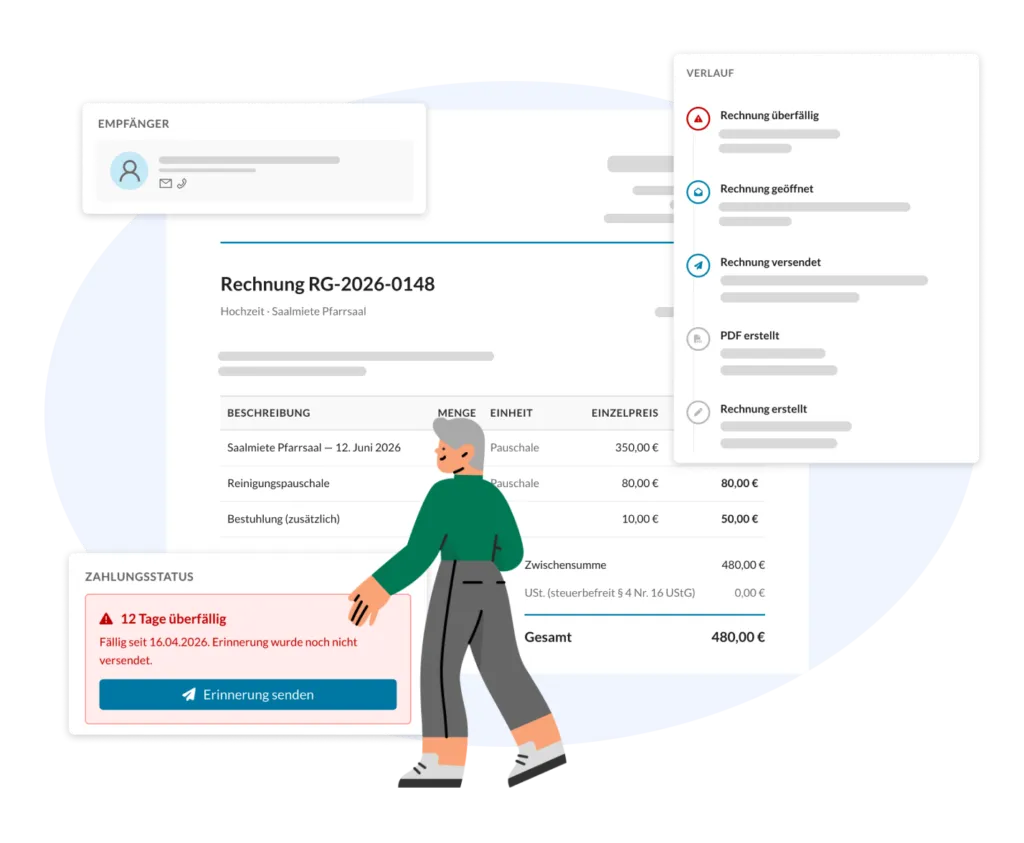 ChurchDesk invoice overview with status open, overdue and paid