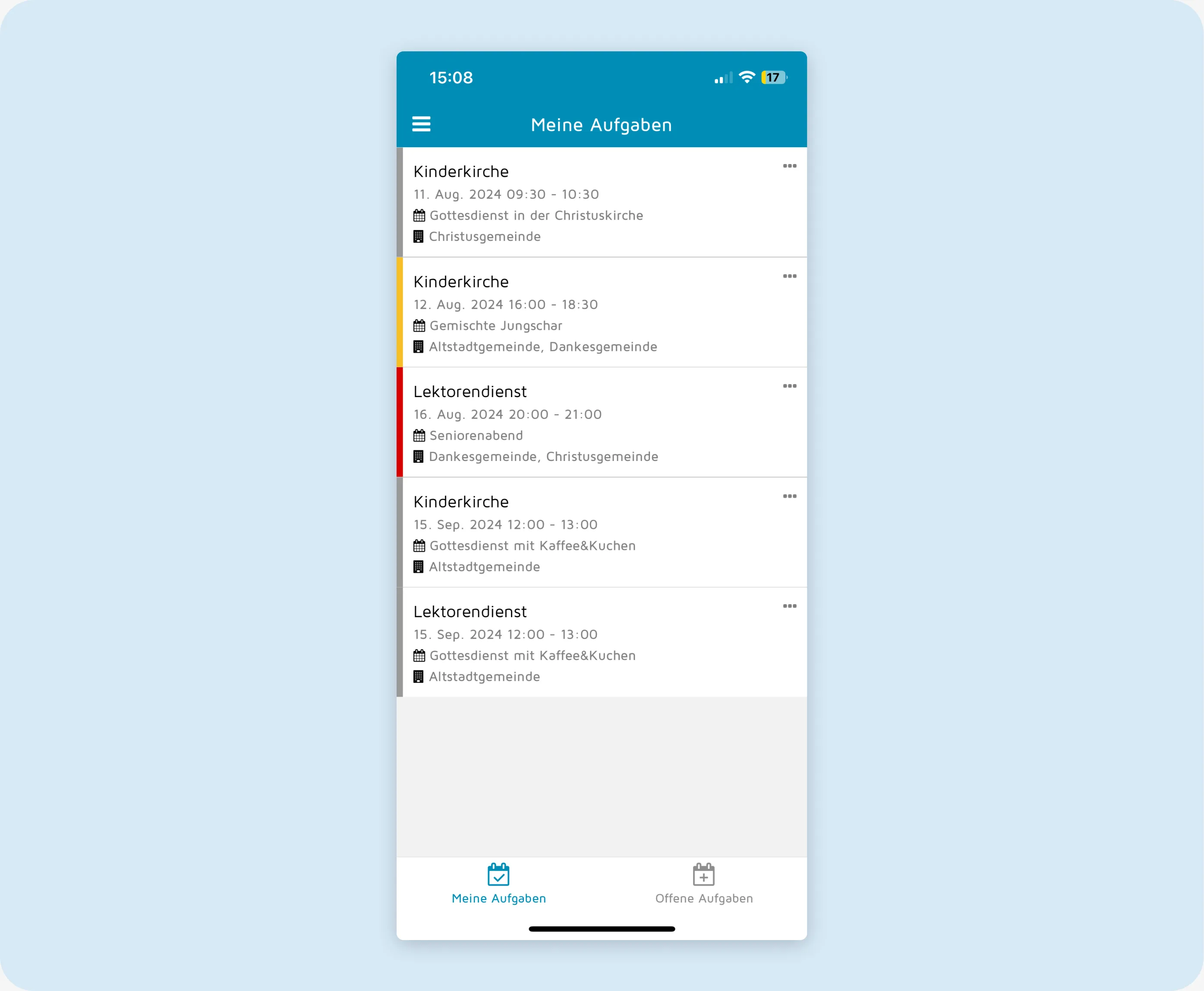 Übersicht der eigenen Dienste in der ChurchDesk Mobilapp
