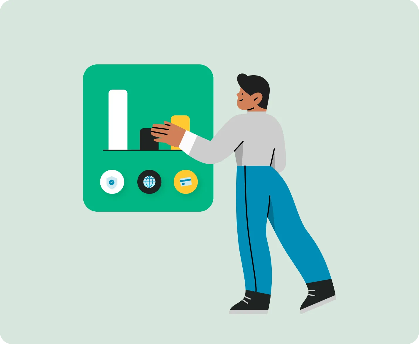 Illustration: person standing in front of various graphs