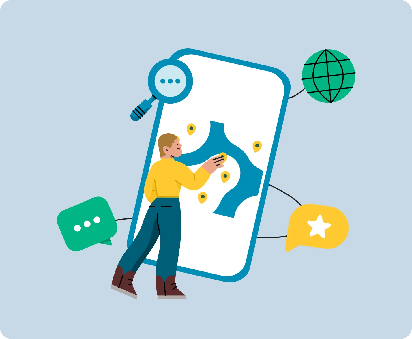 Illustration: person in front of a mobile phone with an open map