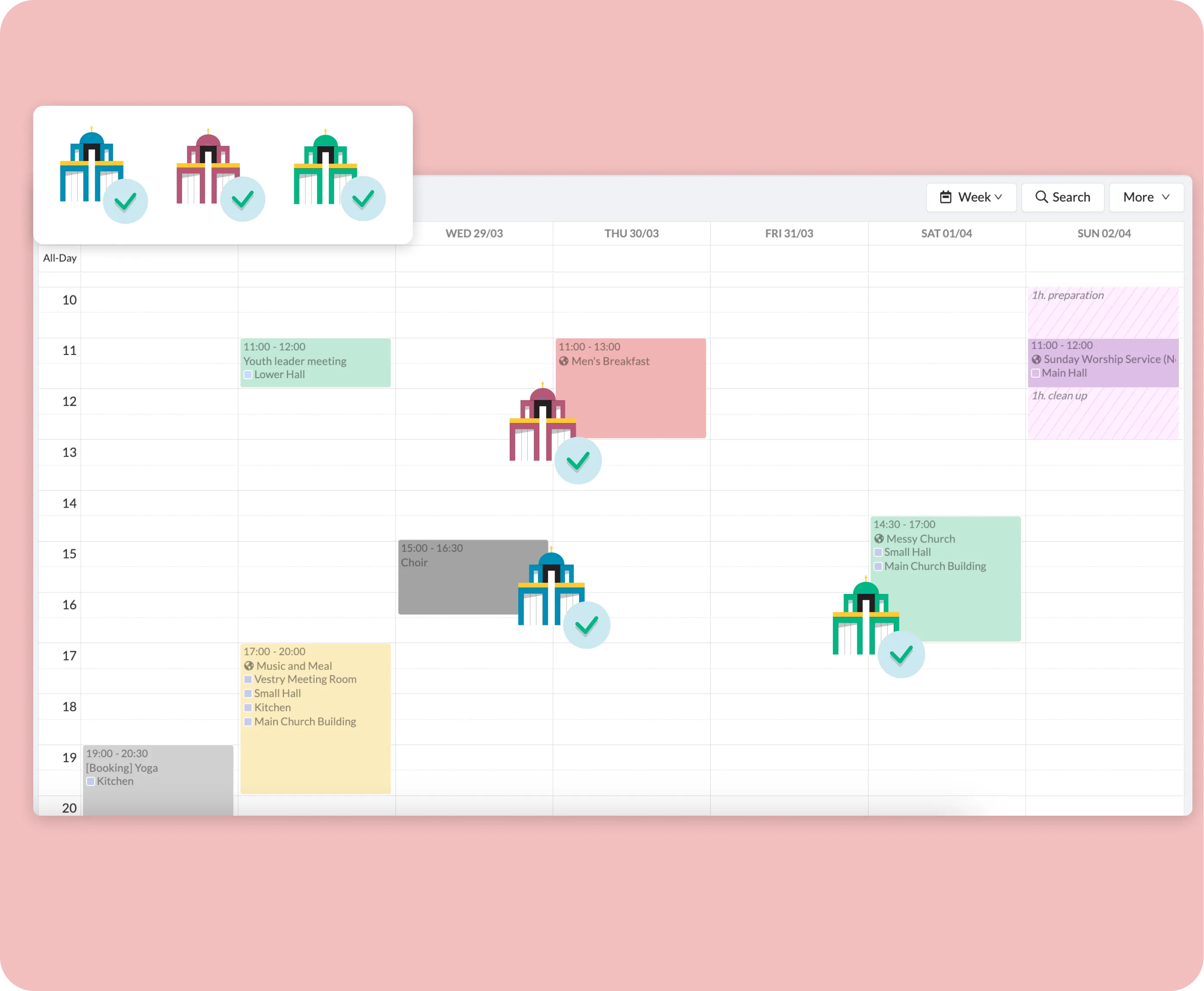 Illustration: shared calendar view for multiple churches