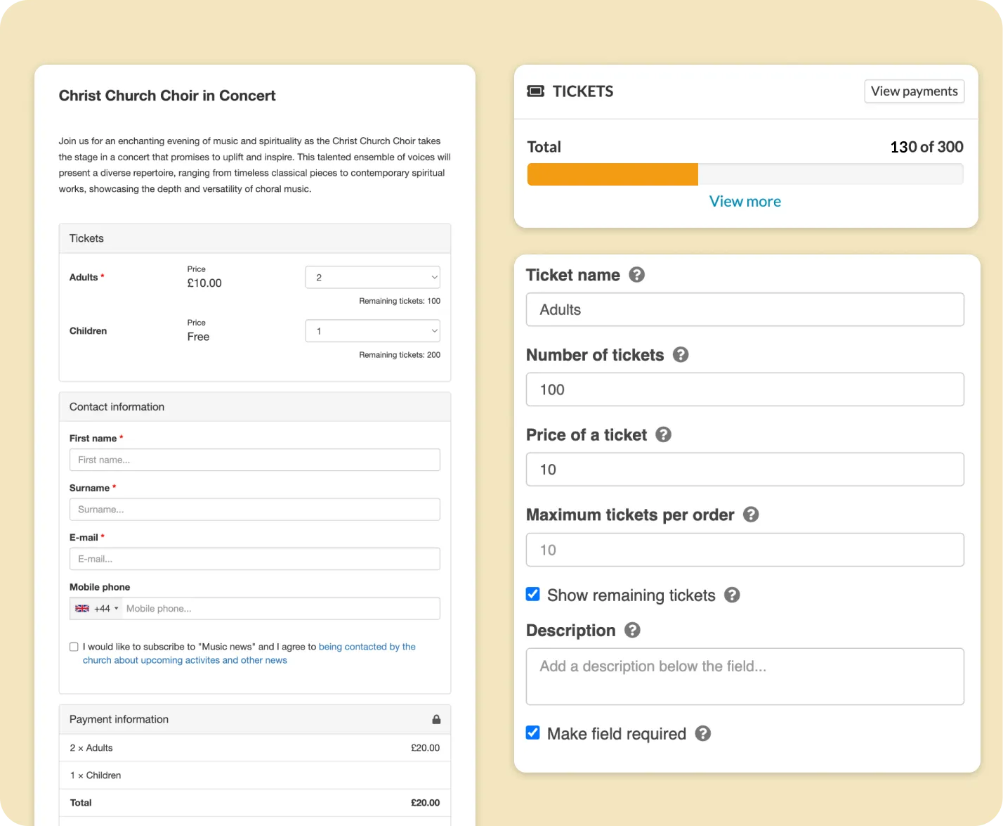 ChurchDesk ticket setup panel showing ticket name, number of tickets, price, and a sales overview