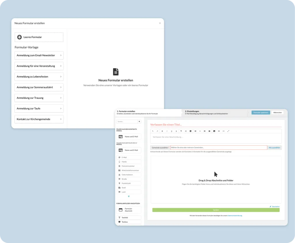 The ChurchDesk form editor with template list and a drag-and-drop interface