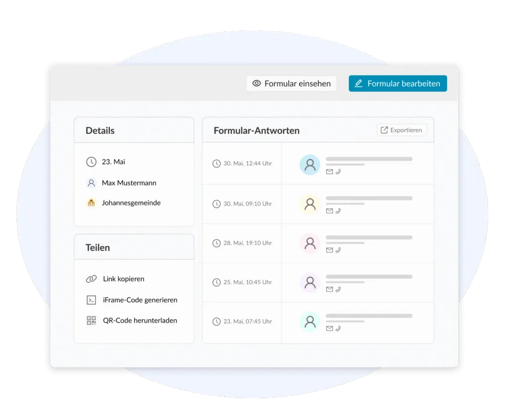 Administrative view of form responses in ChurchDesk with options for sharing via link, iFrame, QR code, and export