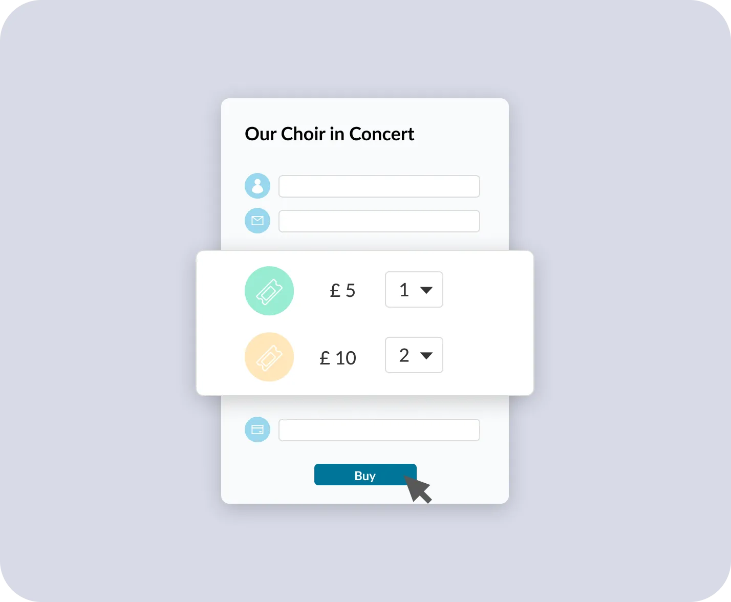 ChurchDesk registration form for a choir concert with ticket options and a Buy button