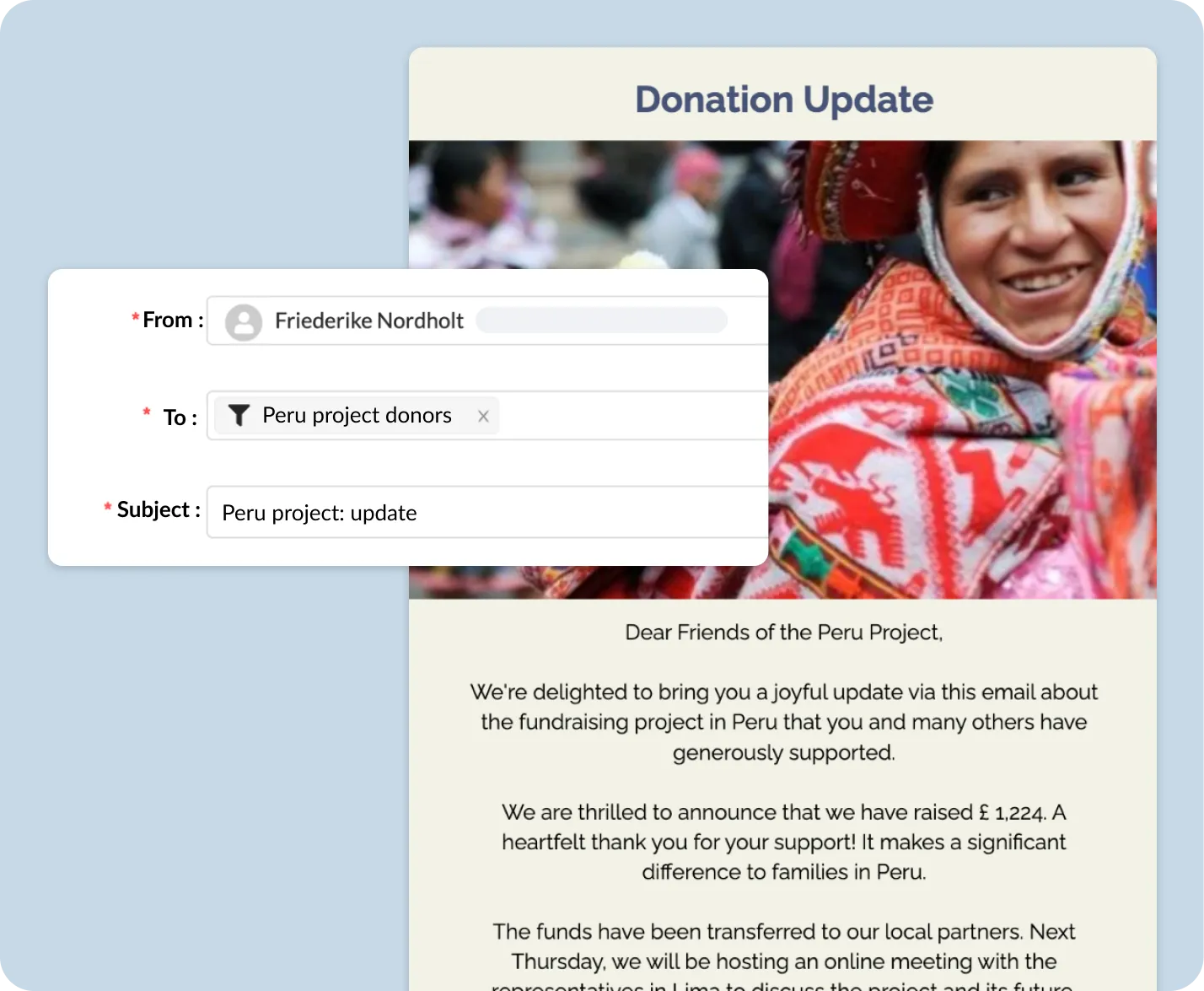 ChurchDesk email update sent to the pre-made list of donors