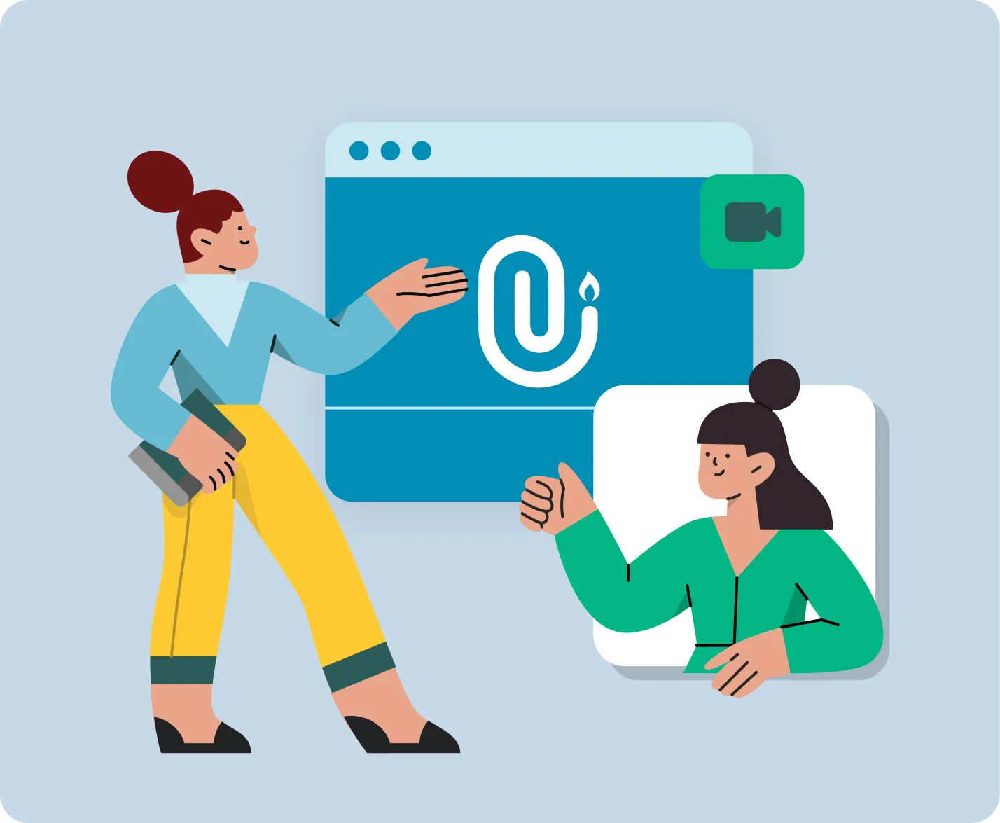 Illustration: one person explaining something to another person via videochat