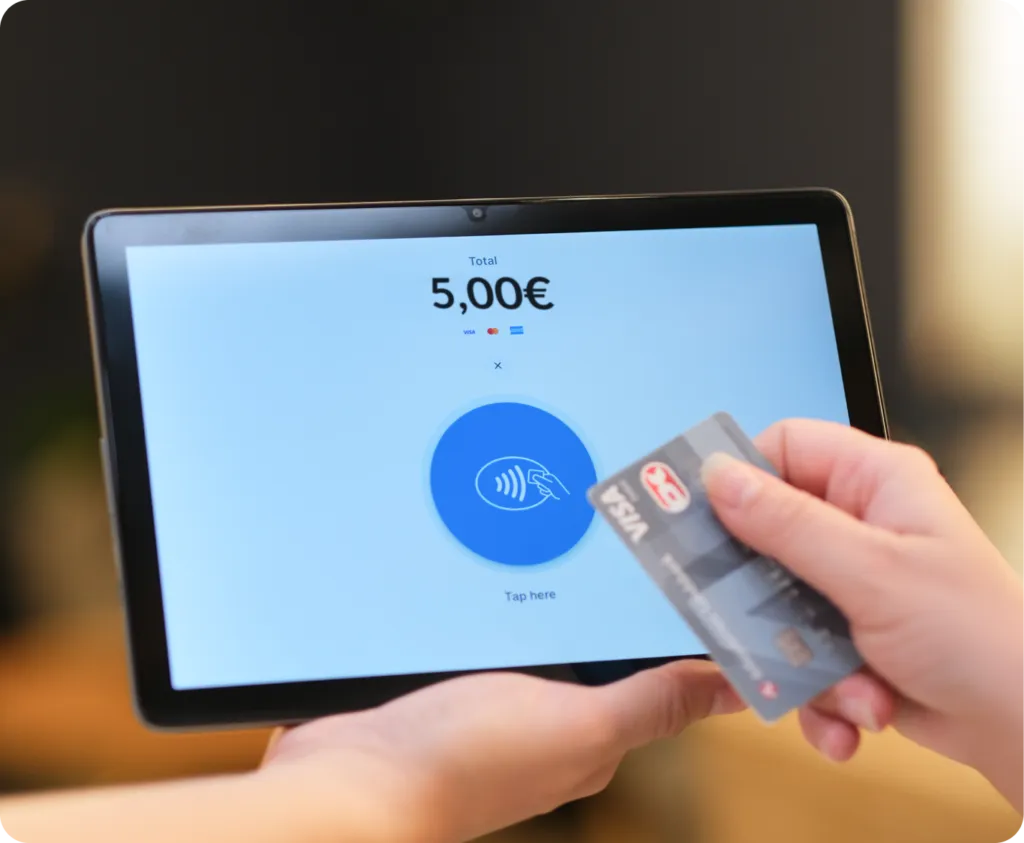 Hands hold the ChurchDesk terminal showing €5.00 while a contactless card is placed on top