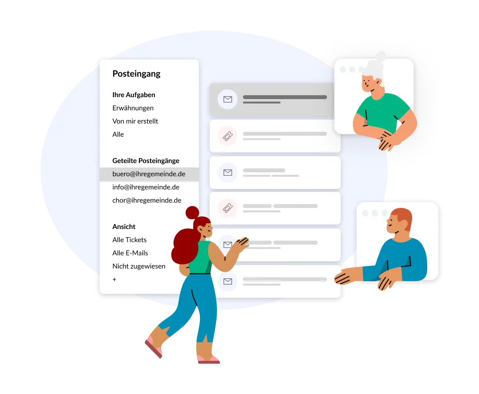 The shared inbox in ChurchDesk with the mailboxes buero@, info@ and chor@ as well as a filterable task overview