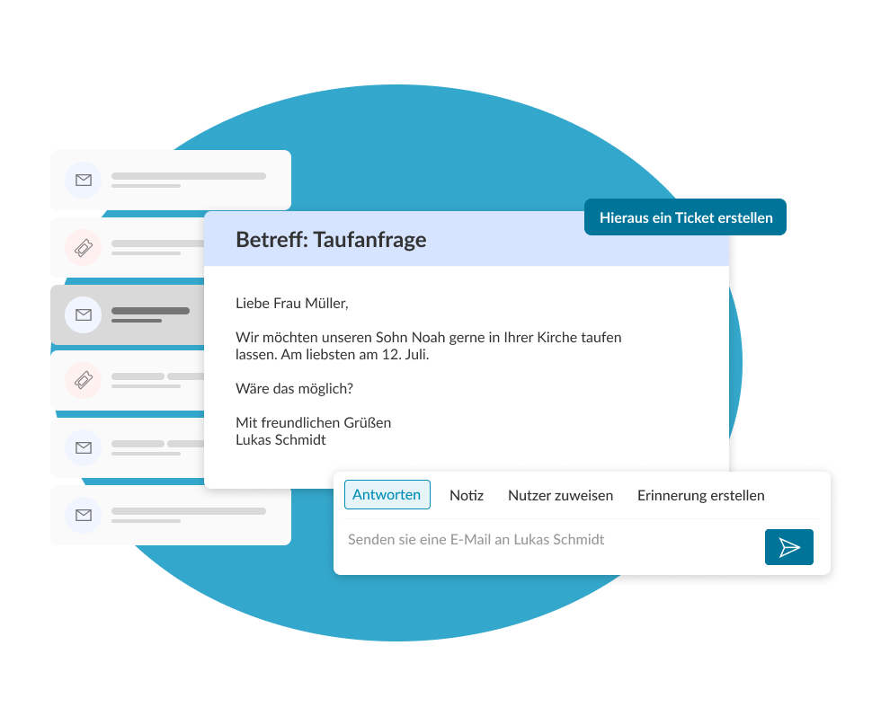 An email with a baptism request in ChurchDesk, from which a ticket can be created and answered with one click